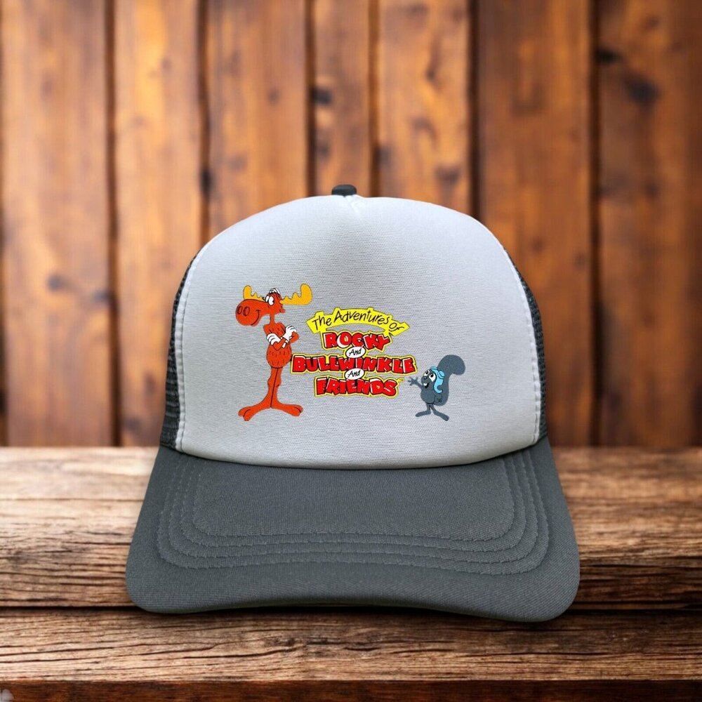 The Adventures Of Rocky & Bullwinkle Retro Trucker Hat Grey Snapback Ball Cap